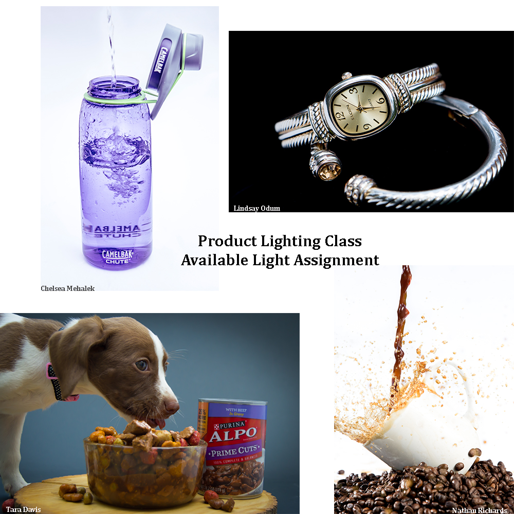 Product images of a water bottle, a watch, A splashing cup of coffee and a puppy getting some food to eat.
